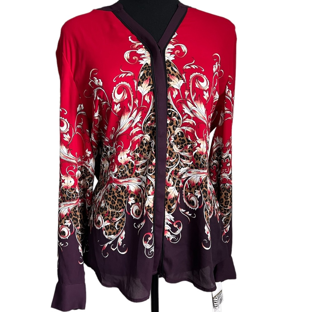 Dana Buchman Red and Plum Button-Down Print Blouse